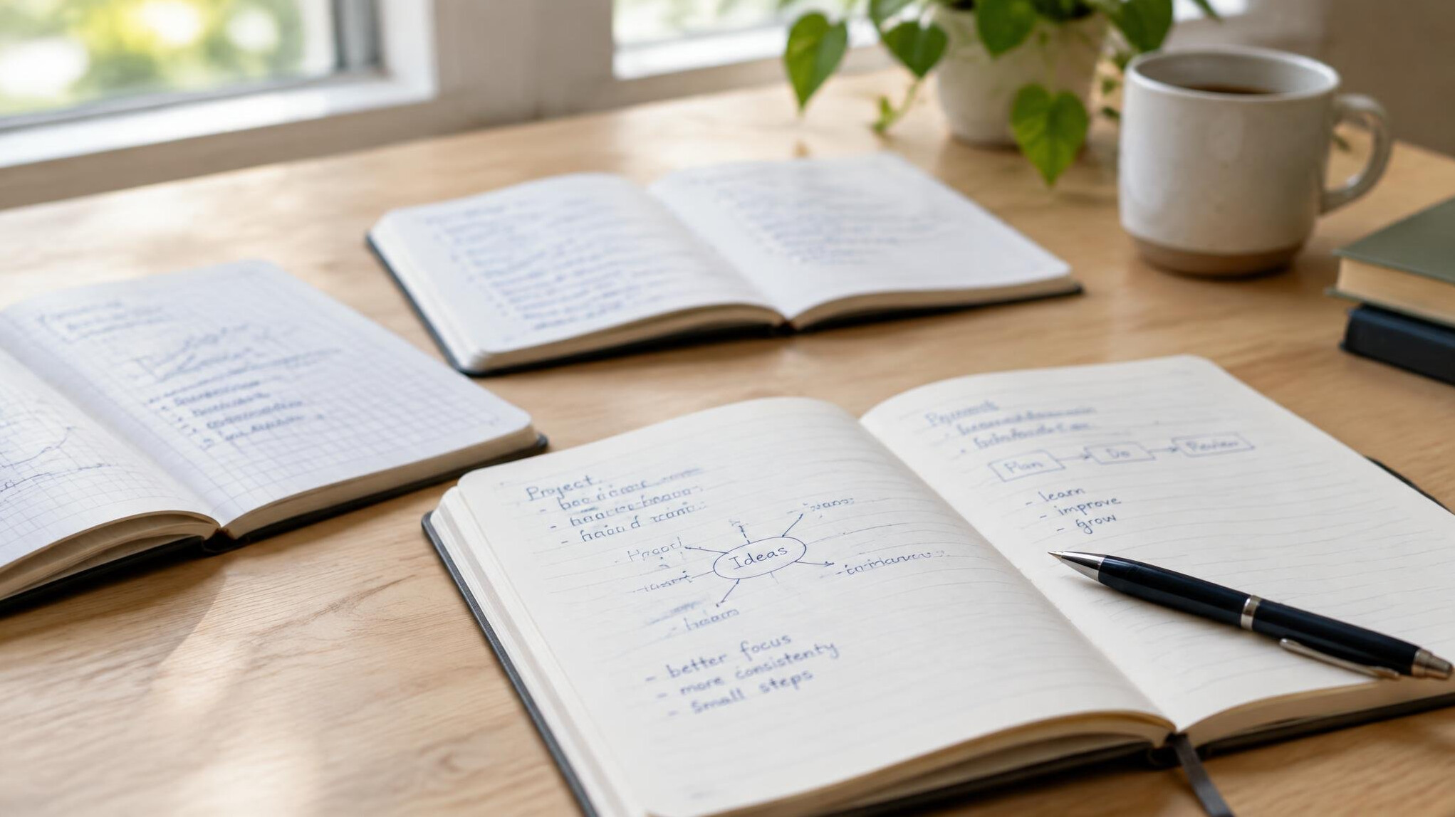 Open notebooks and pens on a table