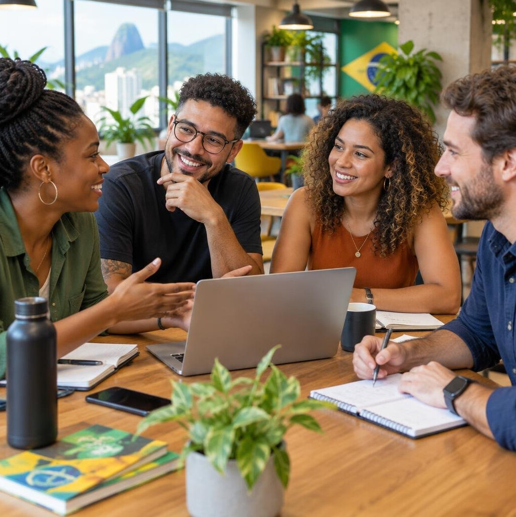 Group of Brazilian colleagues talking around a laptop in a bright office