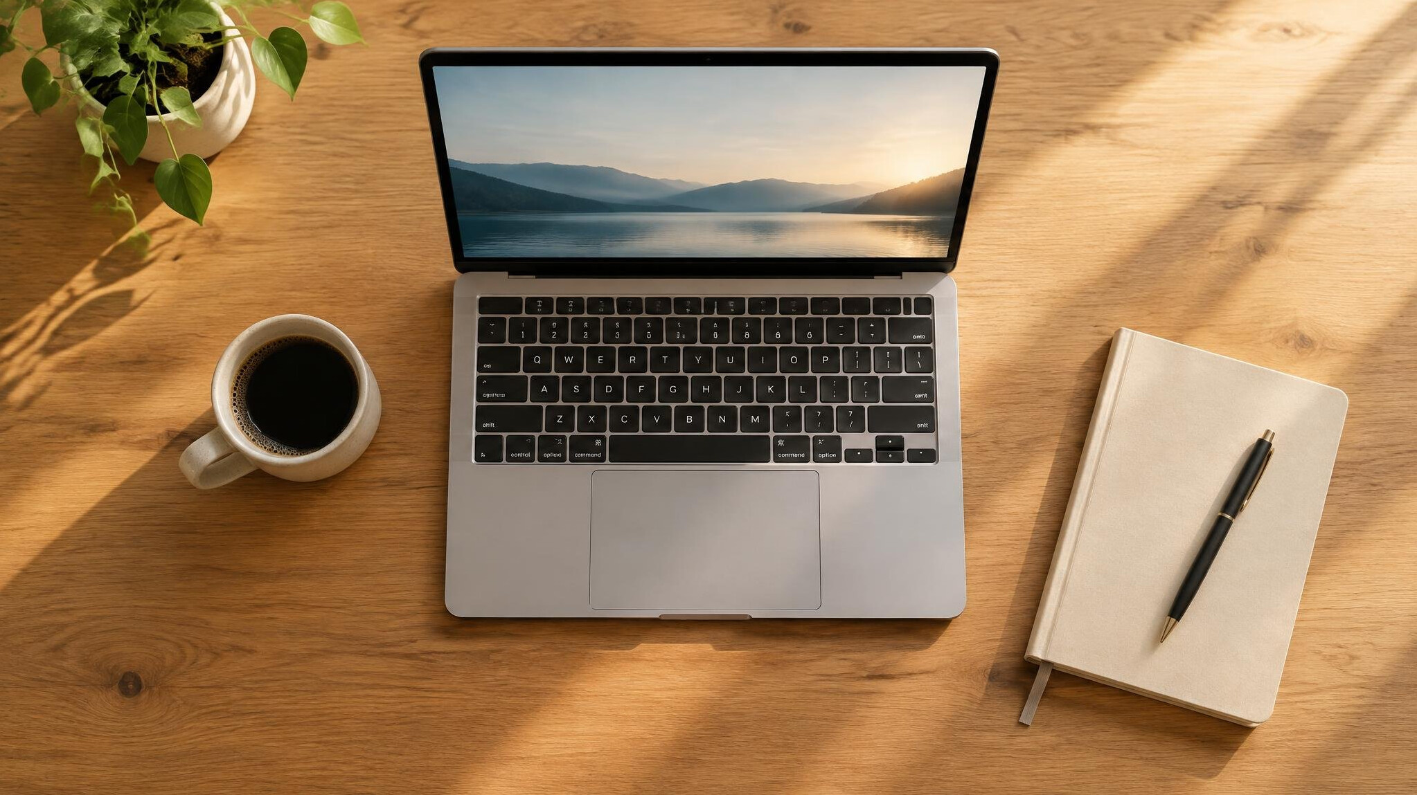 Desk with laptop, coffee cup and notebook in warm light