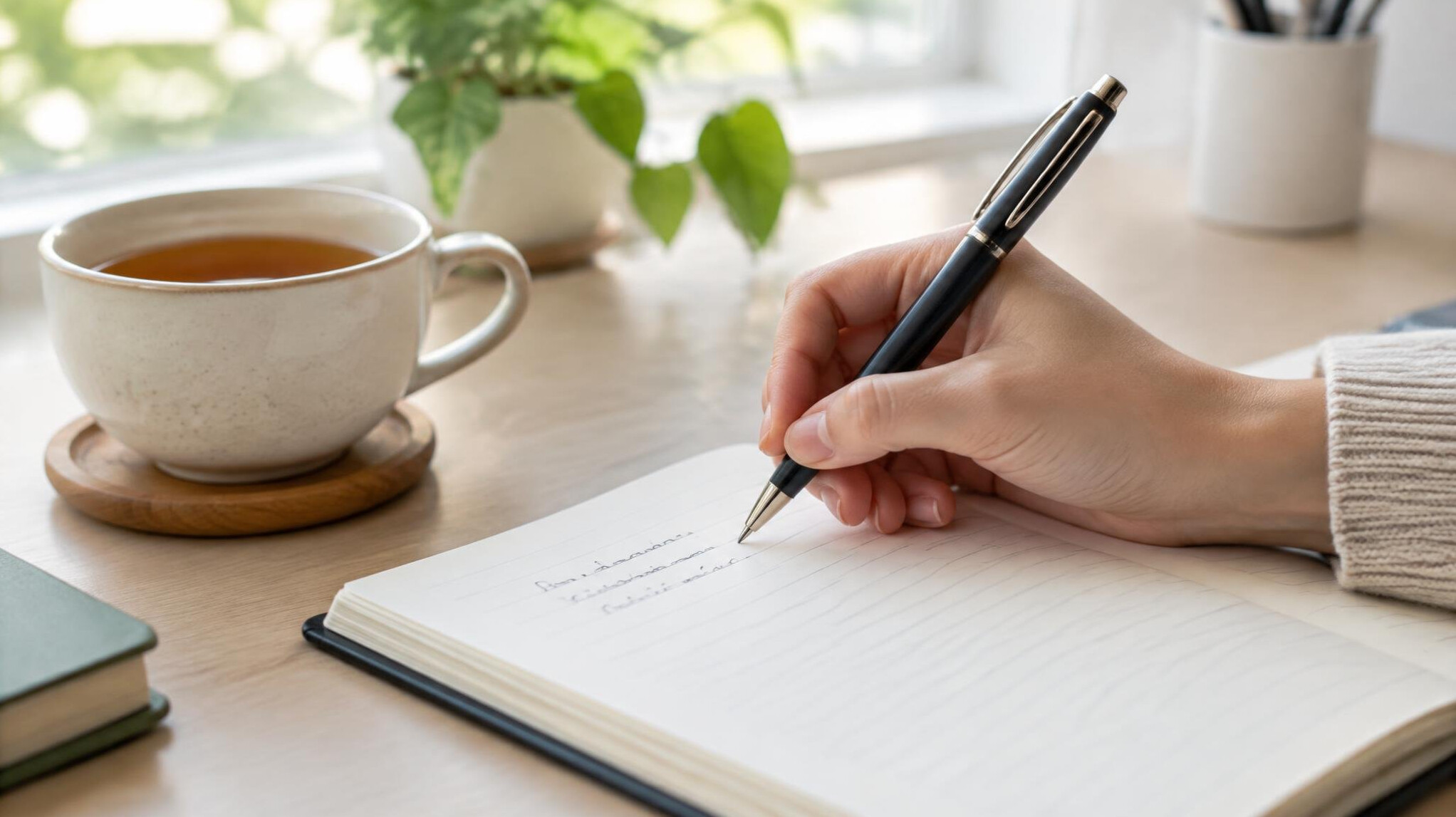 Hand writing in a notebook with a pen
